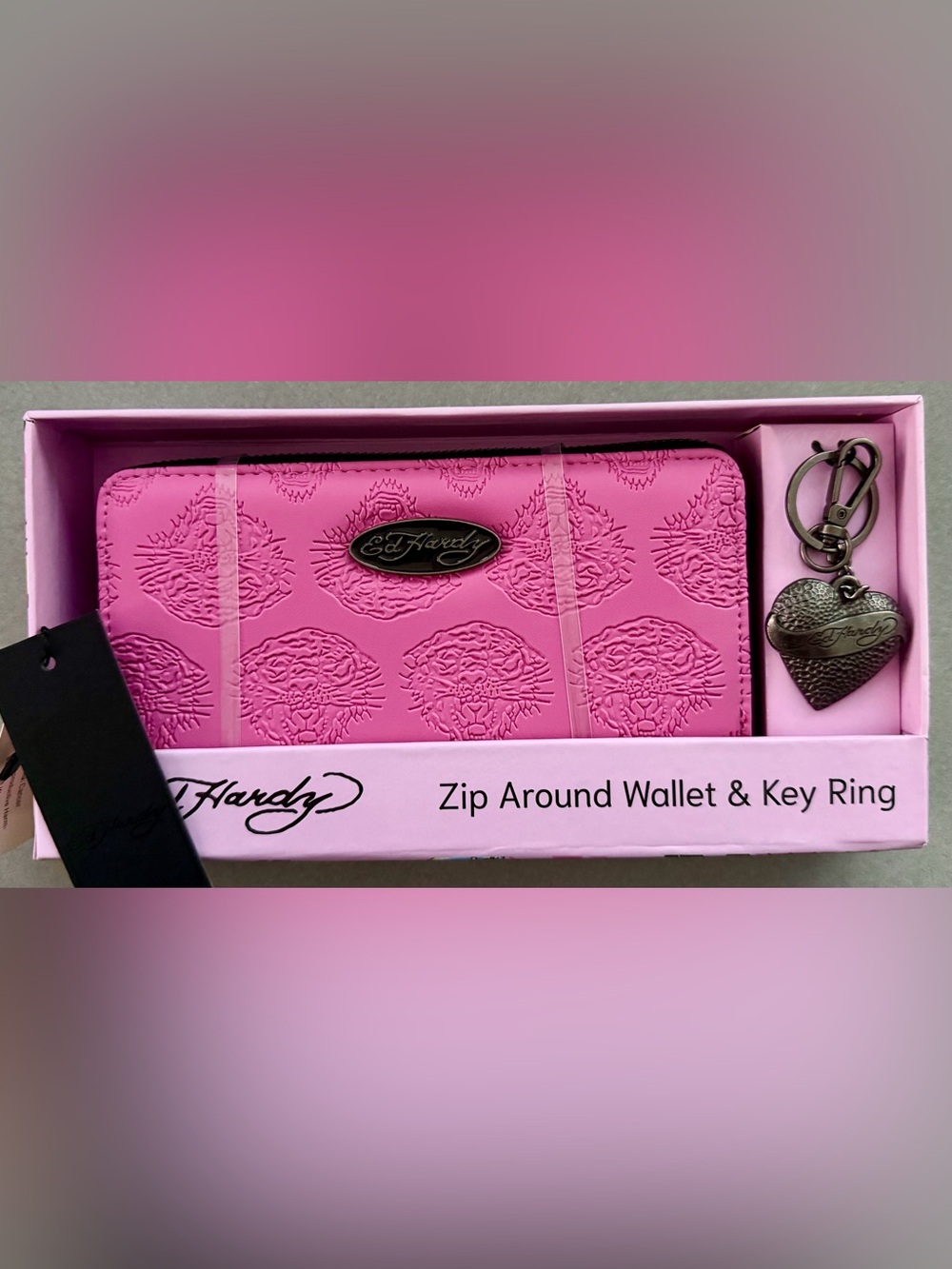 Ed Hardy Pink Zip Around Wallet with Key Ring NWT BNIB